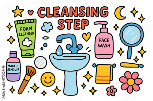 Colorful Cleansing Doodles. Cleansing Step. Colorful Hand-drawn doodle Children illustration Cleansing Step foam cleanser, face wash bottle, makeup remover,