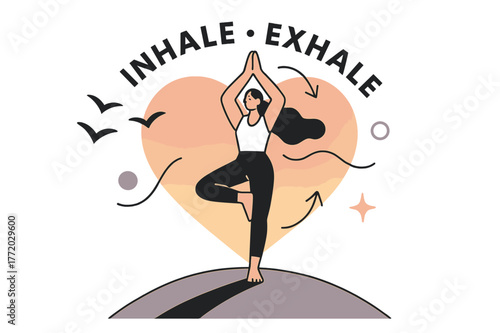 Sunset Yoga Harmony. Sunset yoga. A character holds tree pose atop a gentle hill; the sun melts into a heart-shaped gradient. ?Inhale ? Exhale? arcs as birds