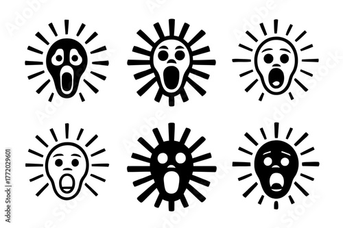 Diverse Jump Scare Logos. Jump scare. Set Logo of Jump scare: burst lines behind face. harmonious logo variations of the same emblematic concept, each with