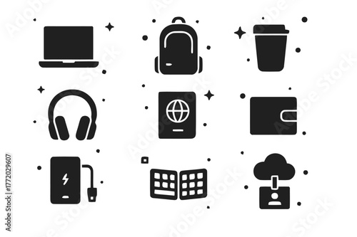 Digital Nomad Icons. Digital Nomad Minimalist Groups. Solid icons set of Digital Nomad Minimalist Groups: laptop, slim backpack, travel mug, compact camera,