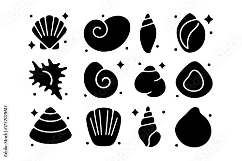 Seashell Icons Collection. Beachcombing Seashells. Solid icons set of Beachcombing Seashells: cockle shell, moon snail shell, tulip shell, olive shell, murex
