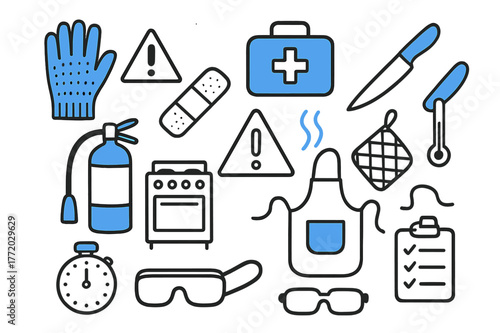Kitchen Safety Essentials. // Kitchen safety. Hand-drawn doodle illustration kitchen safety [cut-resistant glove (accented), warning triangle, first aid kit