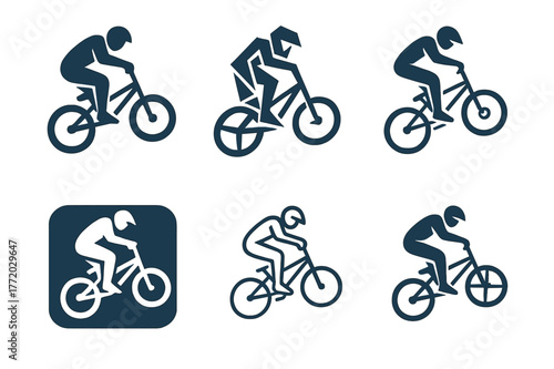 Dynamic BMX Logos. BMX riding. Set Logo of BMX riding: biker performing jump trick. harmonious logo variations of the same emblematic concept, each with