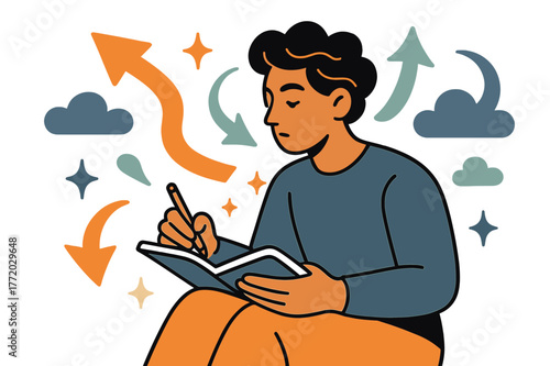 Journaling Through Stress. Navigating stress. Individual journaling thoughts with abstract floating arrows, clouds, and sparkles; emphasizes reflection,