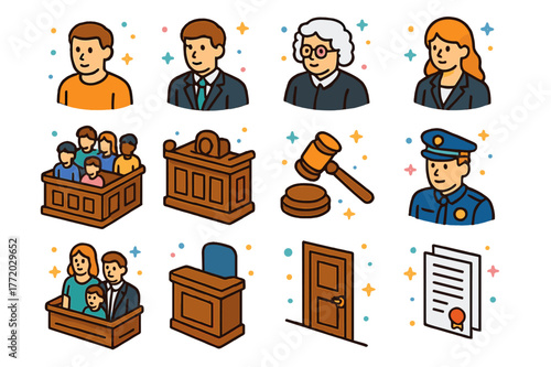 Courtroom Icons Grid. Family of defendant in courtroom. Colorful isometric vector icons set of family of defendant in courtroom: defendant, defense lawyer,