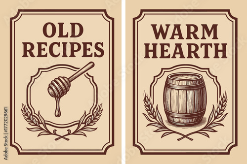 Vintage Recipe Banners. Old Hearth Recipes. Two vertical A6 banners with safe margins, centered composition, no elements touching edges, retro, maroon and