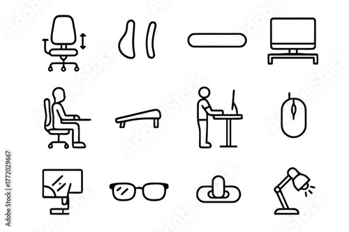 Ergonomics Icon Set. Ergonomics at work. Line icon set of ergonomics at work: adjustable chair, lumbar support, keyboard wrist rest, monitor riser, correct