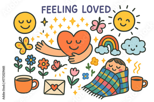 Feeling Loved Icons. Feeling loved. Colorful Hand-drawn doodle Children illustration Feeling loved heart, smiling face, hugging arms, warm sun, flowers,