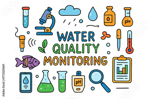 Colorful Water Quality Icons. Water Quality Monitoring. Colorful Hand-drawn doodle Children illustration Water Quality Monitoring test tube, microscope,