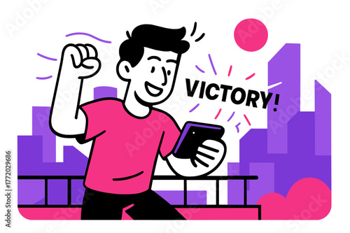 Rooftop Gaming Victory. Playing a mobile game on the go ? Sunny rooftop pause. Wind lines sweep; the character smiles at a clutch win, city shapes block out