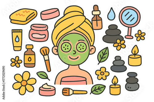 Spa Essentials Doodle. facial treatment. Colorful Hand-drawn doodle Children illustration facial treatment face mask, cucumber slices, headband, towel, cream