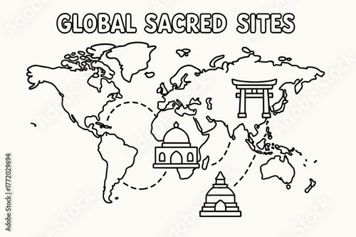 Sacred Sites Coloring Map. Global sacred sites children?s coloring book illustration, outlined drawing, a simple world map with tiny landmark icons like a