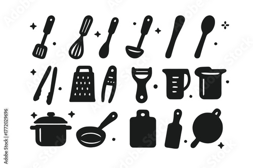Cooking Utensil Icons. Cooking Utensils. Solid icons set of Cooking Utensils: spatula, whisk, ladle, wooden spoon, tongs, grater, peeler, measuring cup, pot,