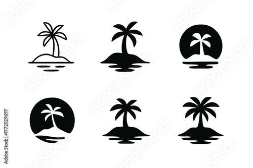 Tropical Island Logos. Island. Set Logo of Tropical Island: Minimal outline, Filled silhouette, Abstract geometric, Negative space, Flat solid, Symmetrical
