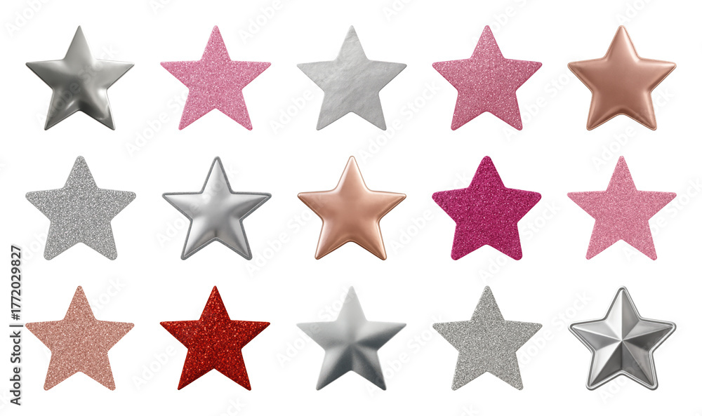Fototapeta premium PNG Colorful metallic glitter stars, element set on transparent background