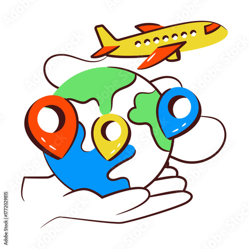 Pins with globe denoting concept of global travel location icon