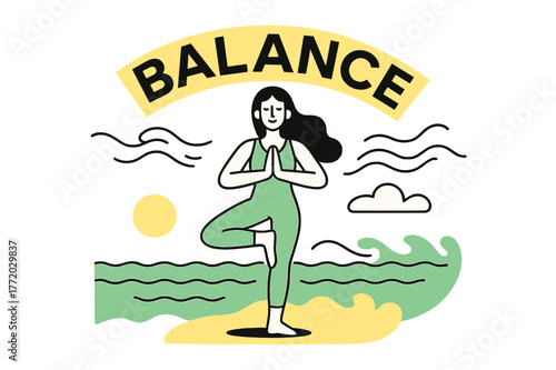 Yoga by the Sea. People engaging in sports and recreational activities ? Yoga by the sea. Calm figure balances in tree pose; flowing wave lines mimic breath.