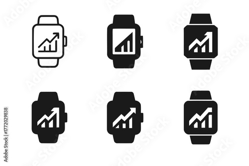 Sports Logo Variations. Sports performance tracking. Set Logo of Sports performance tracking: smartwatch face with rising chart. harmonious logo variations of