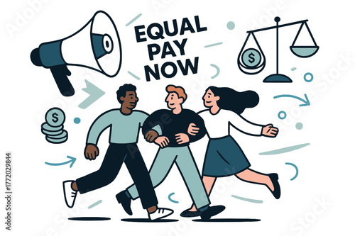 Equal Pay Advocacy Scene. Equal pay advocacy. A megaphone bursts ?EQUAL PAY NOW? as diverse colleagues link arms; coins and scales hover in balance. Hopeful