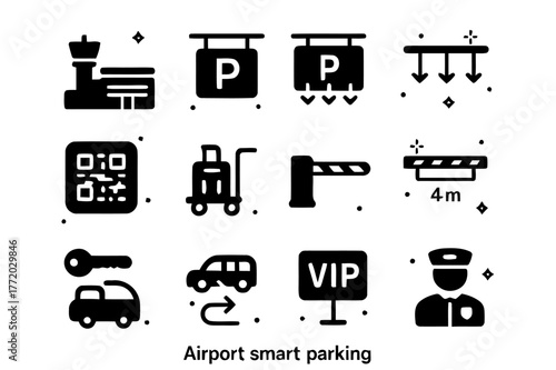 Airport Parking Icons. Airport smart parking. Solid icons set of Airport smart parking: terminal silhouette, long-term sign, short-term sign,