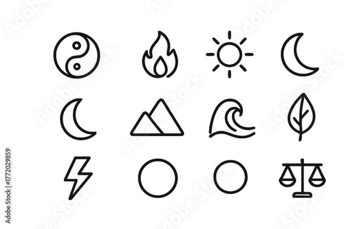 Harmony Icon Set. Harmony of opposites. Line icon set of harmony of opposites: yin-yang symbol, fire, water, sun, moon, mountain, ocean wave, leaf, lightning