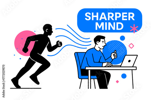 Focus and Transition. Focus & Productivity. A jogger silhouette transitions into a person at a desk; energy lines flow from motion to mindset. ?Sharper Mind?
