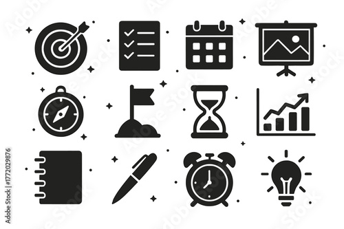 Goal Setting Icons. Goal setting. Solid icons set of Goal setting: target, checklist, calendar, vision board, compass, milestone flag, hourglass, KPI chart,