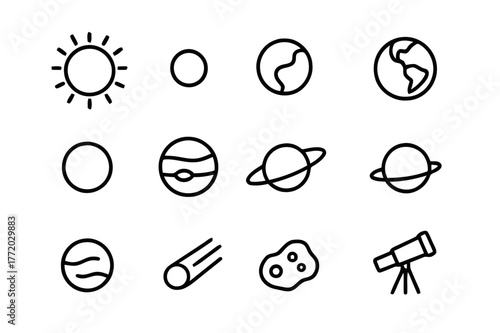 Solar System Icons. Solar system view. Line icon set of solar system view: sun, mercury, venus, earth, mars, jupiter, saturn, uranus, neptune, comet, asteroid,