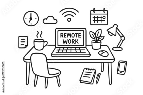 Remote Work Essentials. Remote work setup. Hand-drawn doodle illustration remote work setup desk, laptop, coffee cup, chair, wifi, plant, notebook, clock,