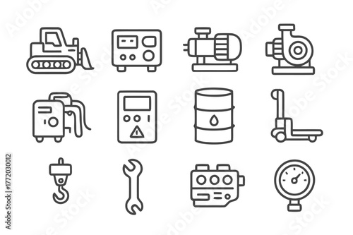 Industrial Icon Set. Industrial equipment. Line icon set of industrial equipment: bulldozer, generator, compressor, pump, welding machine, control panel, oil