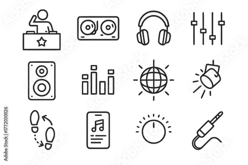 DJ Icon Set. DJ and Dancefloor. Line icon set of DJ and Dancefloor: DJ booth, turntables, headphones, mixer sliders, speaker, equalizer bars, disco ball,