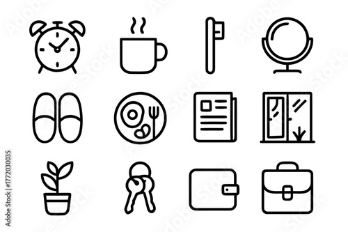 Morning Icons Set. Morning Routine. Line icon set of Morning Routine: alarm clock, steaming mug, toothbrush, mirror, slippers, breakfast plate, newspaper,
