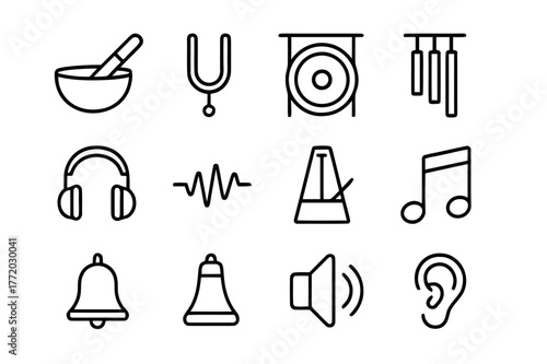 Sound Therapy Icons. Sound therapy. Line icon set of sound therapy: singing bowl, mallet, tuning fork, gong, chime, headphones, sound wave, metronome, music