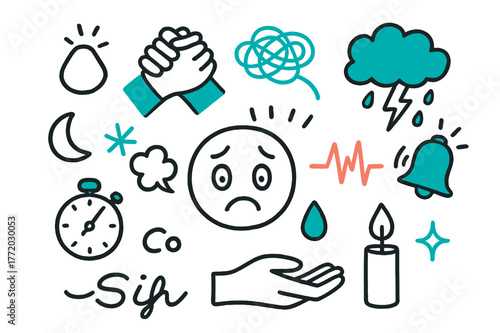 Anxiety Doodle Art. // Anxiety & stress. Hand-drawn doodle illustration Anxiety & stress [worried face (accented), clasped hands (accented), storm cloud