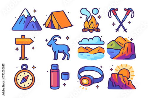Mountain Adventure Icons. mountain sunrise. Colorful isometric vector icons set of mountain sunrise: snow peak, camping tent, campfire smoke, trekking poles,