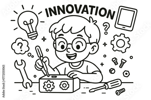 Inventive Kids' Coloring Page. innovation children?s coloring book illustration, outlined drawing, a child inventing something new with tools and gadgets,