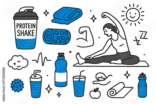 Post-Workout Essentials. Post-workout recovery. Hand-drawn doodle illustration post-workout recovery [protein shake (accented), foam roller (accented), towel,