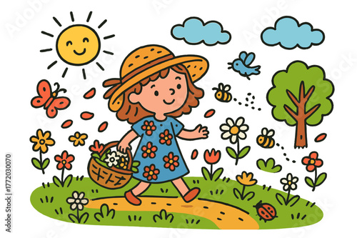Meadow Stroll Doodle. meadow stroll. Colorful Hand-drawn doodle Children illustration meadow stroll girl, basket, flowers, grass, sun, butterfly, tree, bees,