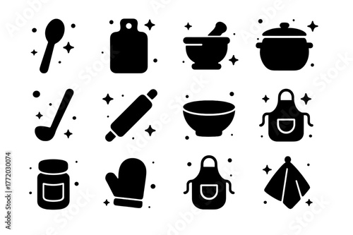 Rustic Kitchen Icons. Rustic Kitchen Tools. Solid icons set of Rustic Kitchen Tools: wooden spoon, cutting board, mortar and pestle, clay pot, ladle, rolling