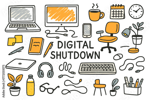 Digital Workspace Doodles. Digital shutdown. Hand-drawn doodle illustration laptop (colored), computer screen (colored), smartphone (colored), coffee cup