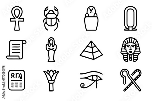 Egyptian Icon Collection. Egyptian relics. Line icon set of Egyptian relics: ankh, scarab, canopic jar, cartouche, papyrus, ushabti, pyramid model, pharaoh
