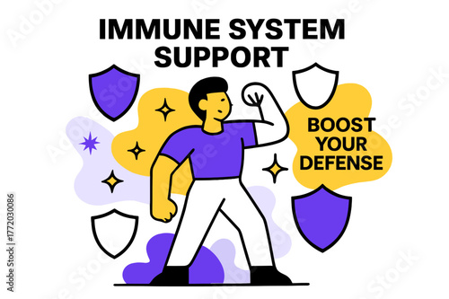 Boost Your Defense. Immune System Support. A figure surrounded by shield shapes flexes lightly; small spark icons radiate ?Vitality.? ?Boost Your Defense?