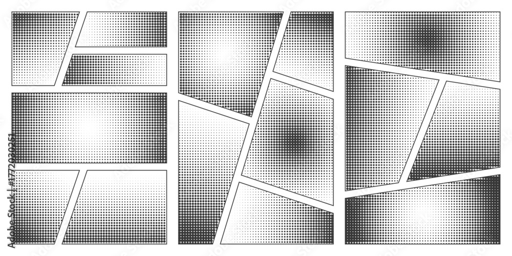 Naklejka premium Halftone comic manga book template set. Screentone page for superhero story. Collage grid manga with pop art dots effect. Panel layout or mockup. Action scene. Cartoon design. Vector illustration