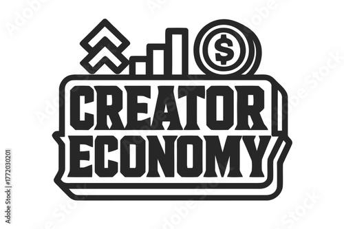 Creator Economy Design. Creator Economy ? bold block geometric lettering; thick uppercase with geometric serifs, heavy outer outline, strong cast shadow;