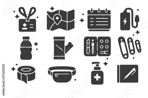 Cosplayer Convention Toolkit. Convention day essentials for cosplayers. Solid icons set of Convention day essentials for cosplayers: badge lanyard, venue map,