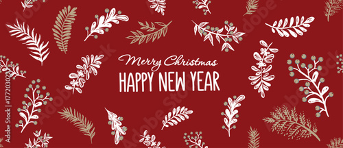 Christmas Branches frame on red, hand drawn, vector.	
