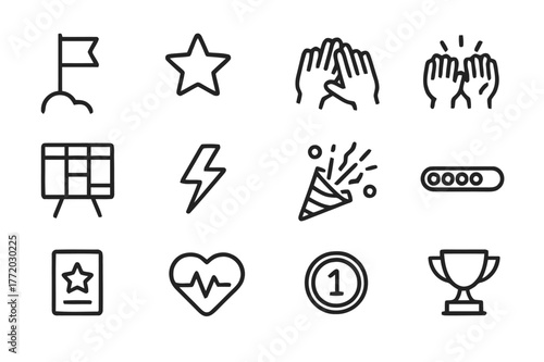 Team Motivation Icons. Team motivation. Line icon set of team motivation: goal flag, star reward, high five, applause, sprint board, energy bolt, celebration