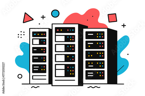 Modern Server Aesthetics. Server Rack. Row of server racks with blinking lights and floating abstract geometric shapes, modern and high-tech environment.