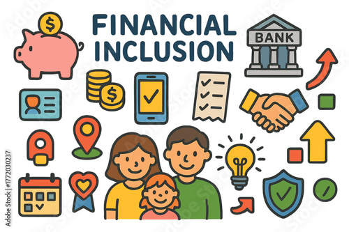 Financial Inclusion Doodle. Financial inclusion. Colorful Hand-drawn doodle Children illustration Financial inclusion piggy bank, coin stack, mobile phone, ID