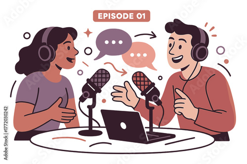 Podcast Studio Vibes. Radio Studio Desk ? Podcast Duo. Two mics face each other over a laptop; speech bubbles bounce between them. A tiny banner says ?episode